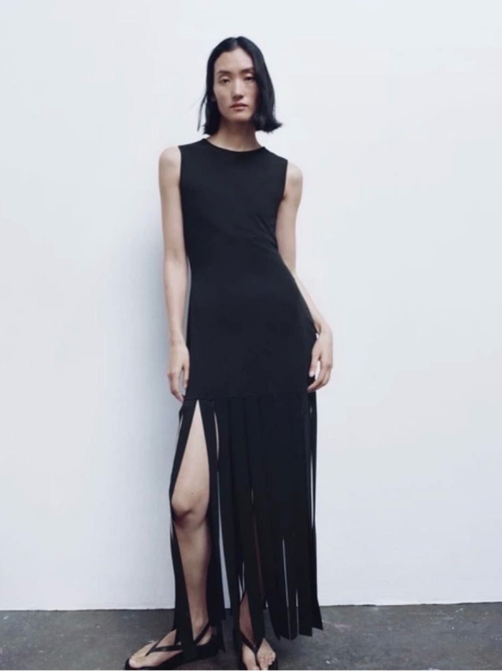 Women’s Black Sleeveless Fringe Maxi Dress. Never worn